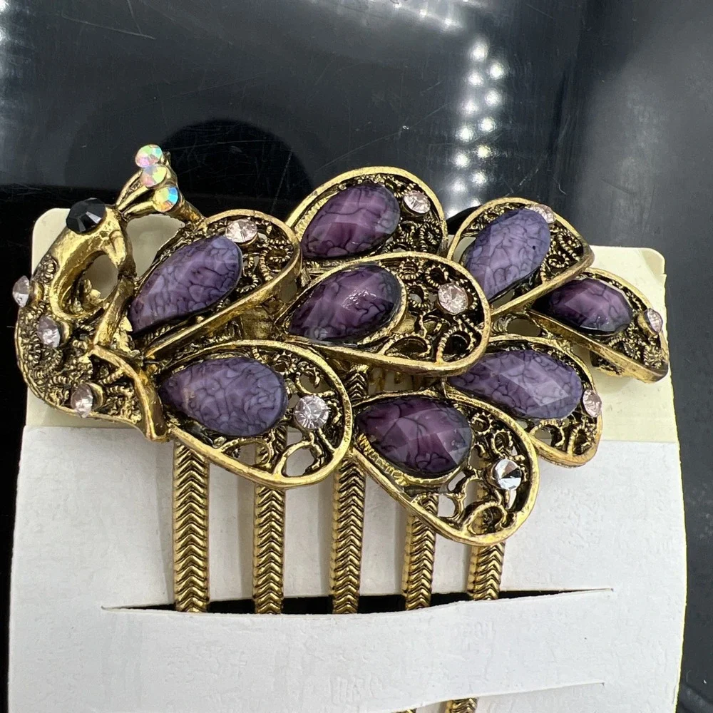 Peacock beads & Rhinestones Hair Comb purple , black and AB‎ gold tone